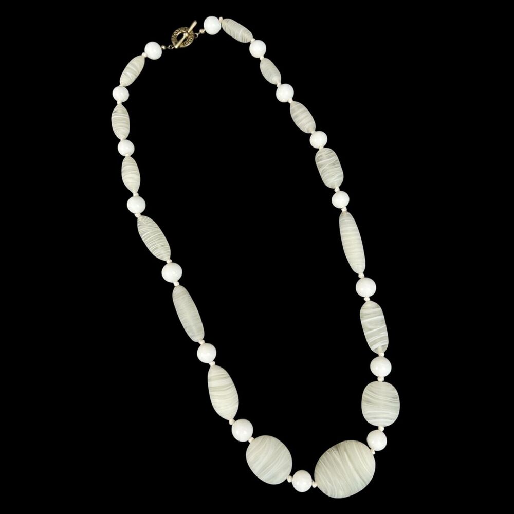 Vintage Monet Glass Bead Necklace White Gray Swirl Classic Toggle Clasp Knotted